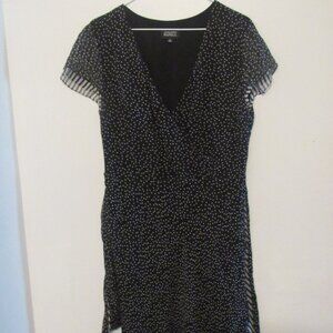 Adrianna Papell Silk Dress Womens Size 12 Black V- Neck Polka Dot